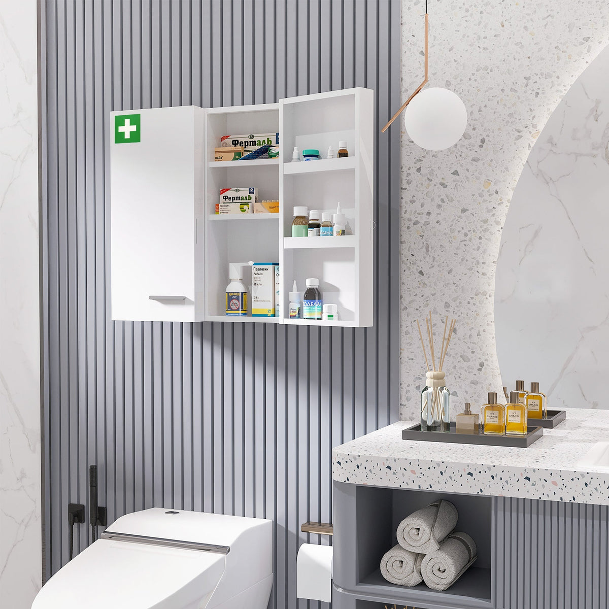 Medicine Cabinet 2-Door 6 Shelves Wall-Mounted Steel White 55x18x60cm