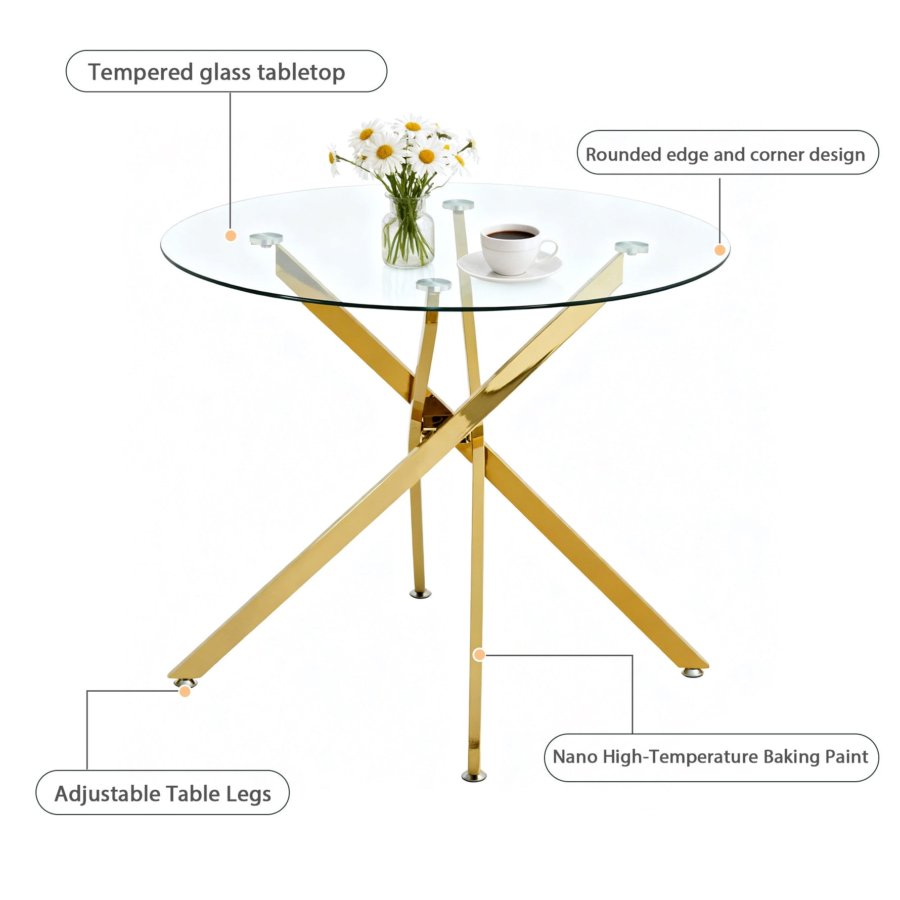 Dining Table Round Tempered Glass Top Gold Legs 80x80x76cm