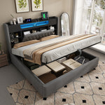 Upholstered Bed 180x200 with Hydraulic Storage & LED, Grey Linen