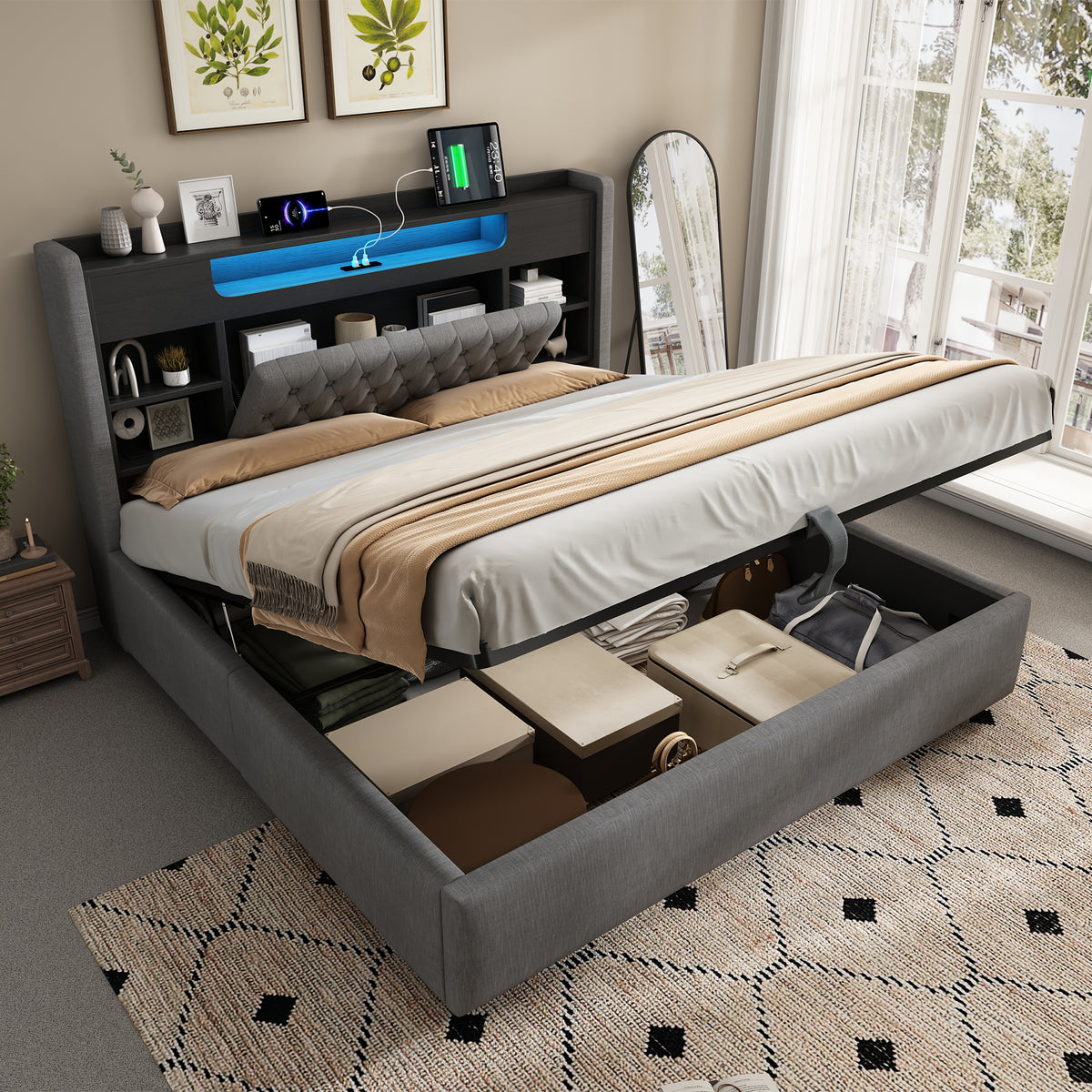 Upholstered Bed 180x200 with Hydraulic Storage & LED, Grey Linen