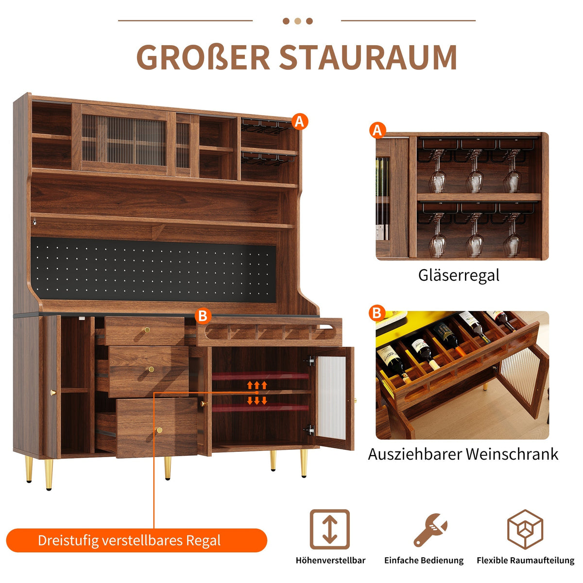 Tall Cabinet LED Lighting Wine Rack Adjustable Shelves 145x39x171cm Walnut Color