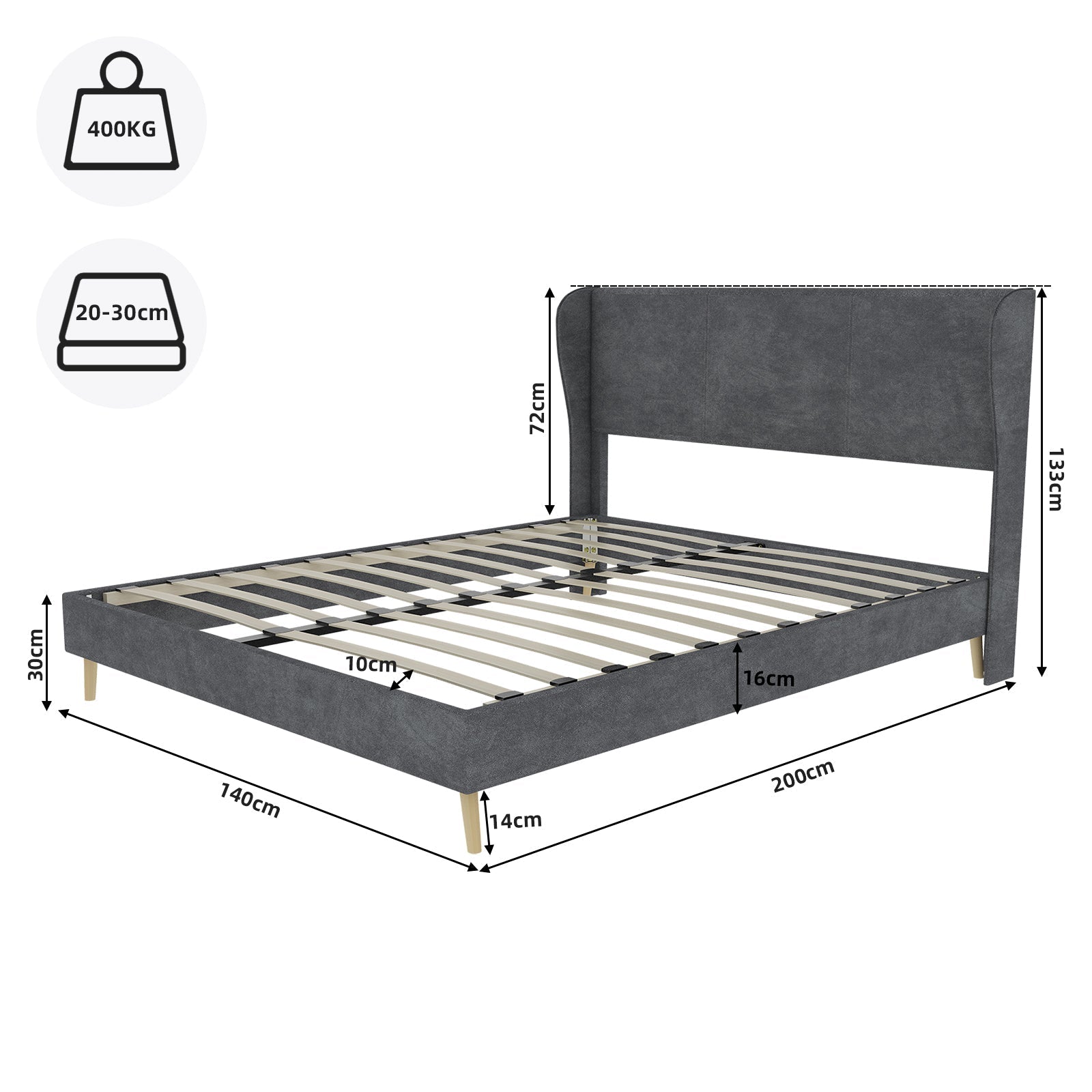 Upholstered Bed, Modern Minimalist with Soft Headboard, 140x200 cm, Grey