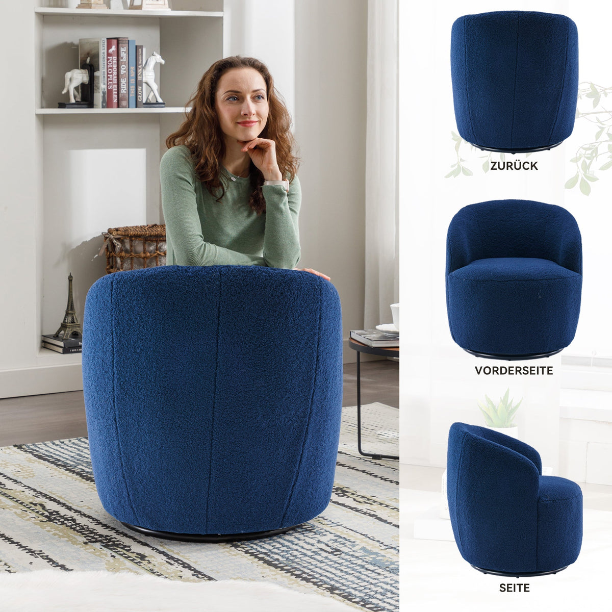 Swivel Accent Chair, Teddy Fabric Barrel Chair, Blue