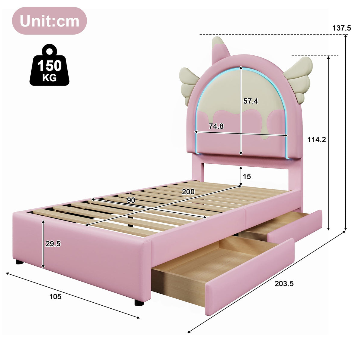 Upholstered Bed 90x200cm Unicorn Shape Light Strip 2 Drawers - PU Pink