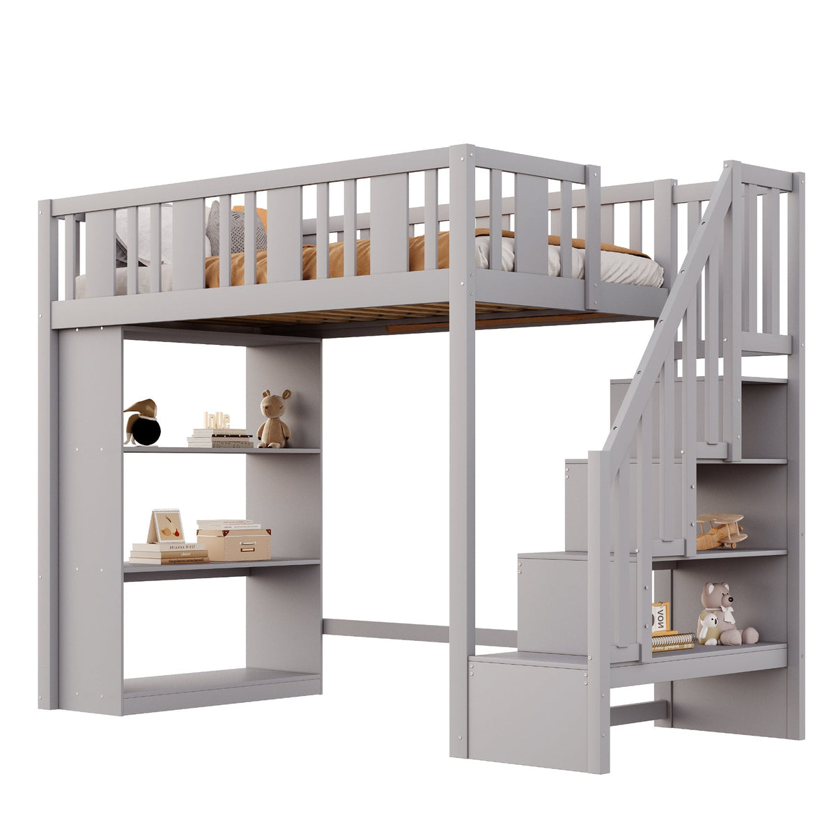 Loft Bed, 90 x 200 cm, Storage Stairs & Compartments, Wood, Grey