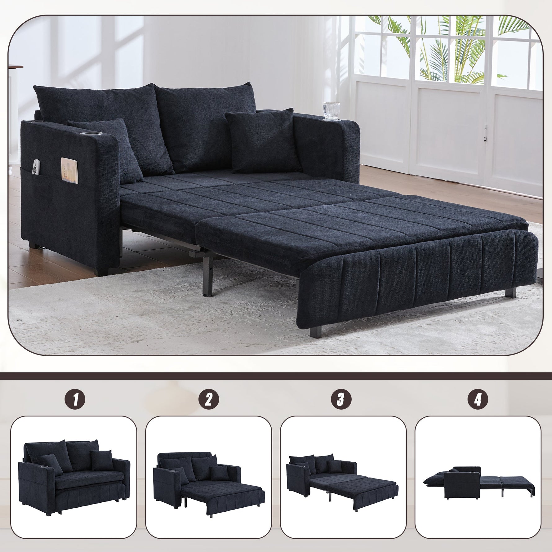 Multifunctional Sofa Bed, Foldable Pull-Out, USB Charging, Cup Holder, Fabric