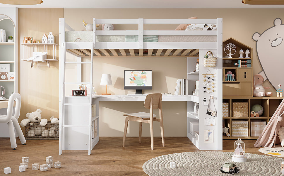 Bunk Bed Children's Storage Shelf Safety Railing Angled Ladder 90x200cm, Pine Chipboard White