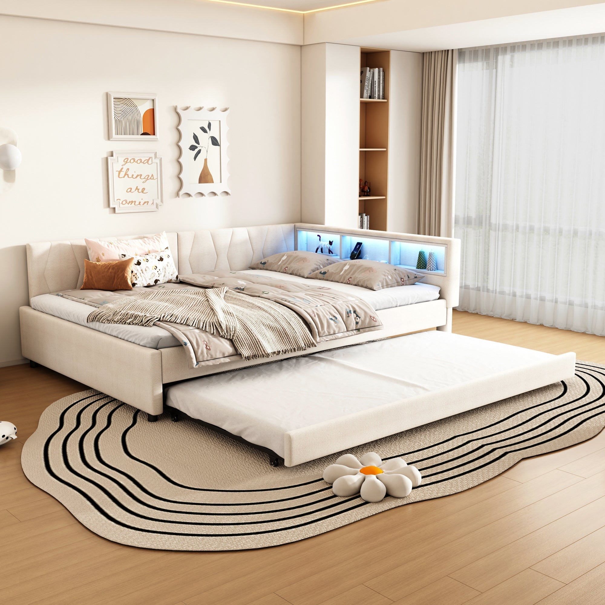 Daybed Sofa Bed 140x200cm Pull-out Bed Storage LED USB/Type-C - Linen Beige