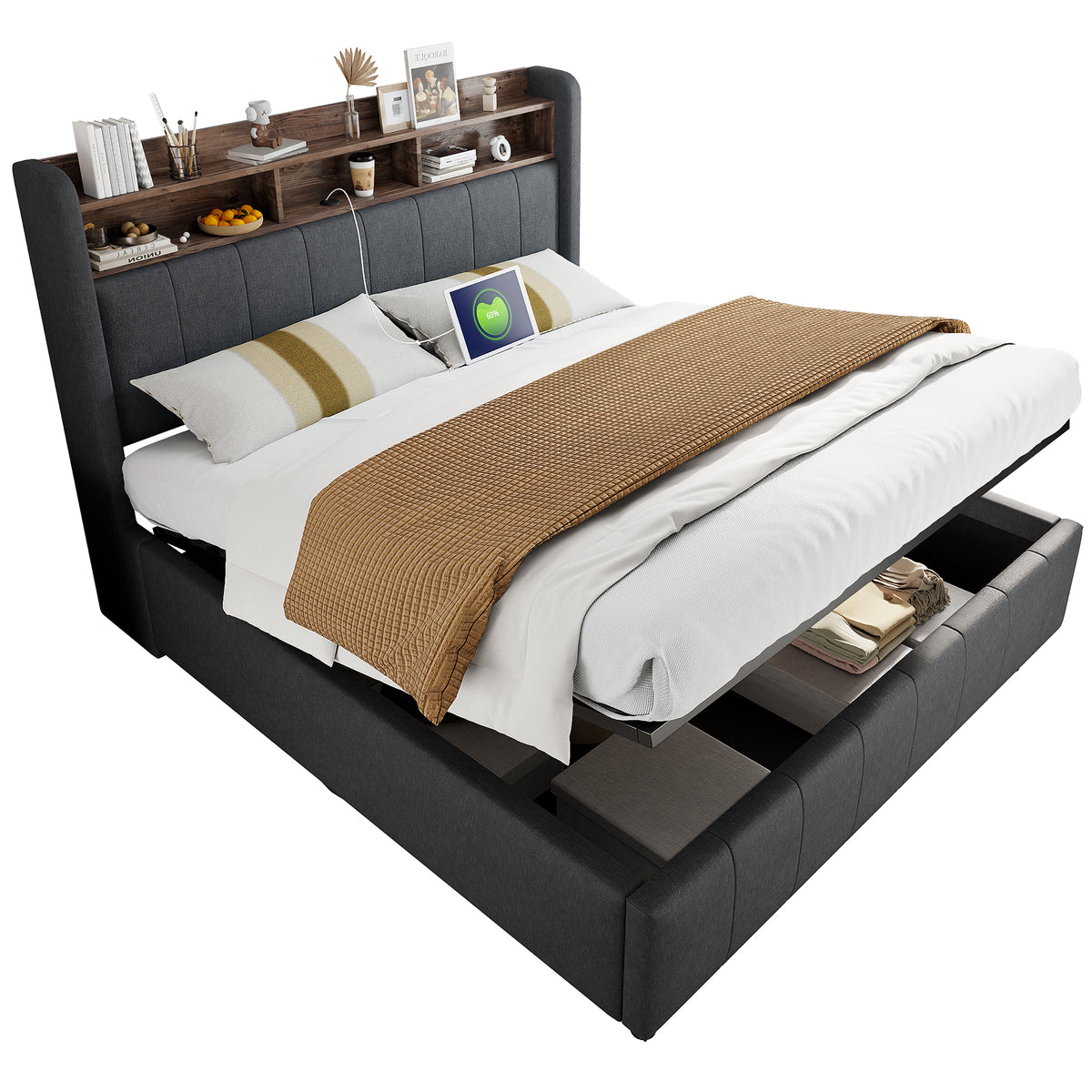 Upholstered Double Bed with USB & LED 180x200cm, Linen