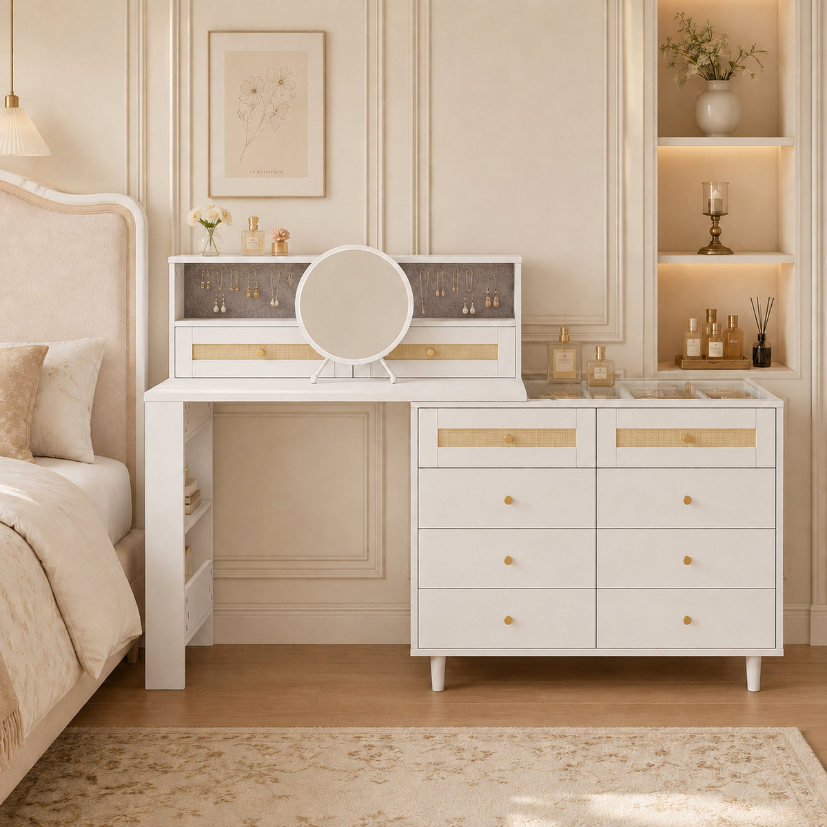 Dressing Table with Jewelry Cabinet & 10 Drawers, White