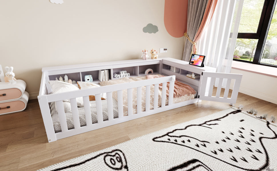 Kids Bed 90x200cm with Storage & Safety Rail, Solid Wood White