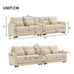 Sofa, 4-Seater with Console, Cup Holders, USB Ports, Linen Fabric