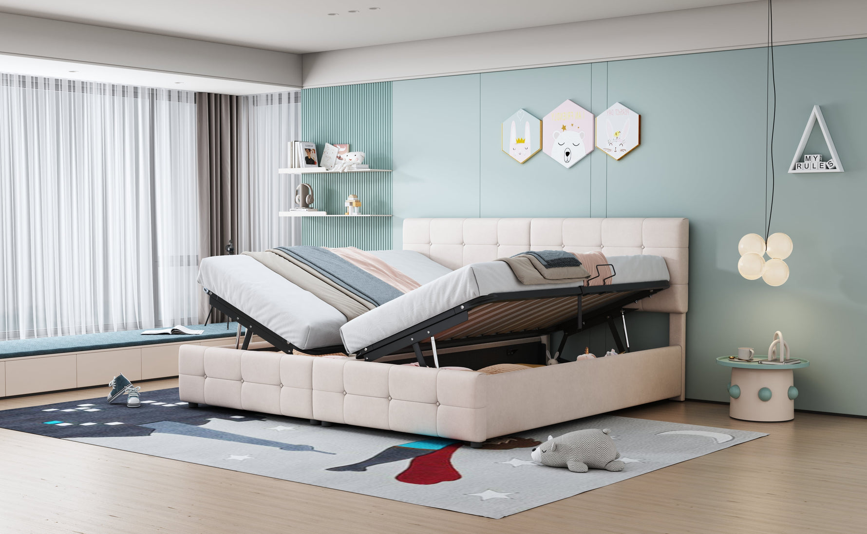 Upholstered Bed 180x200cm, Hydraulic Storage High Box Multifunctional, Beige Velvet