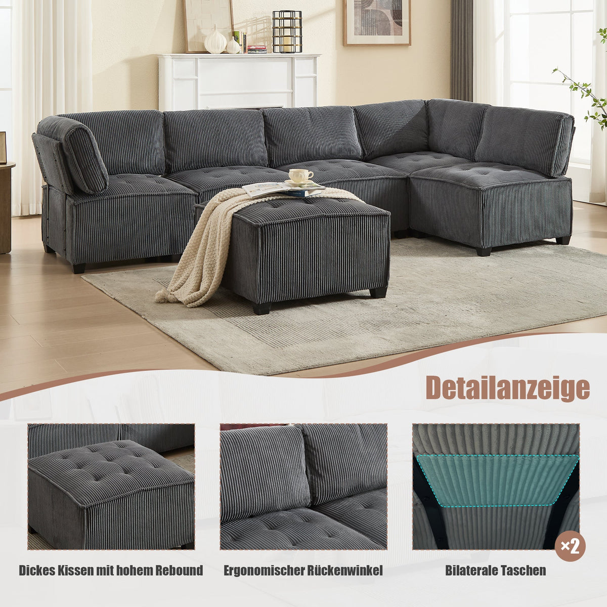Modular Sofa 6-Seater Convertible U/L-Shape Sleeper Storage Pockets Corduroy Grey