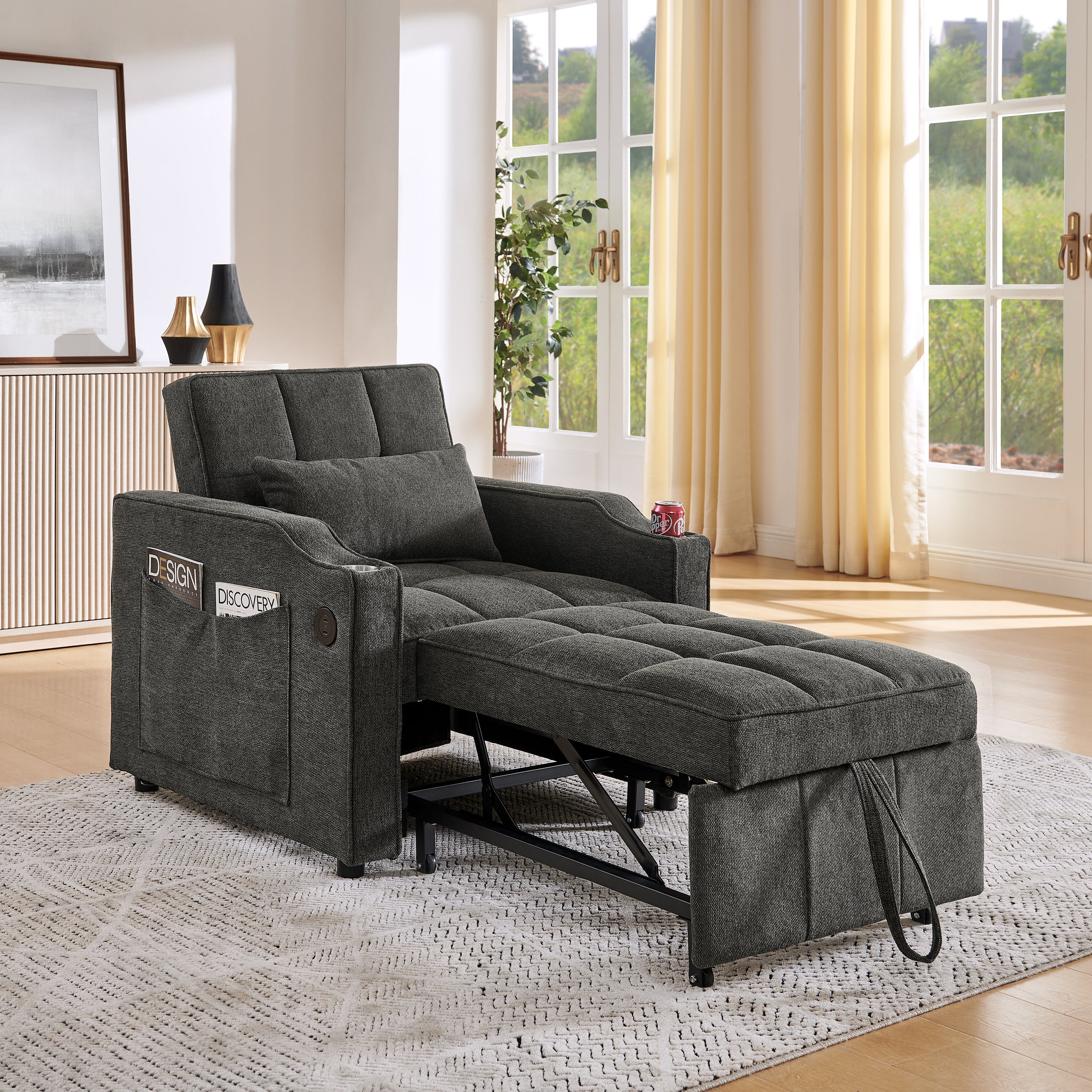 3-in-1 Sofa Bed Slide-to-Transform USB Charging - Gray