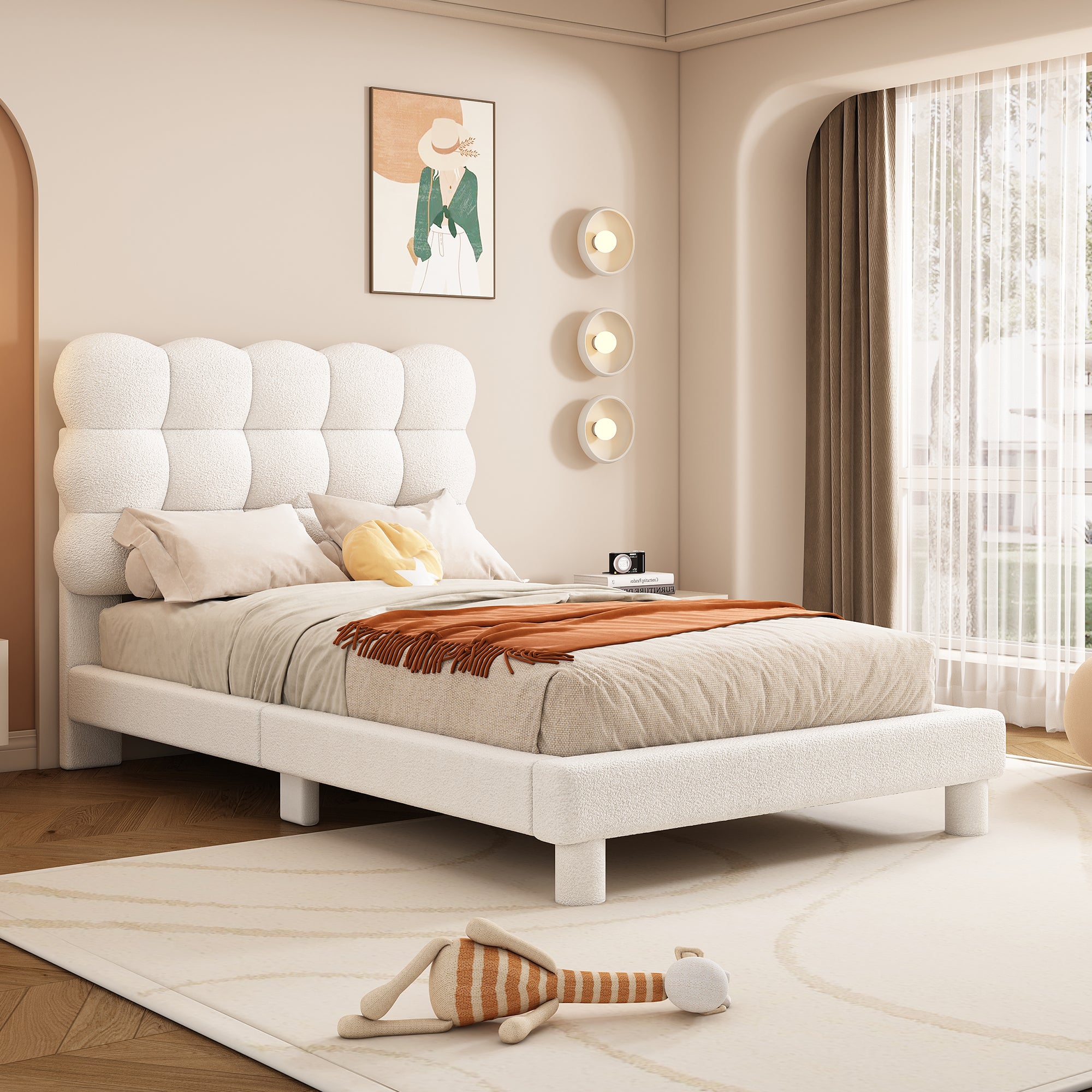 Upholstered Bed 90x200cm Triple Adjustable Headboard - White