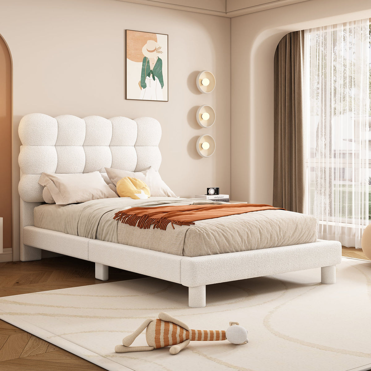 Upholstered Bed 90x200cm Triple Adjustable Headboard - White