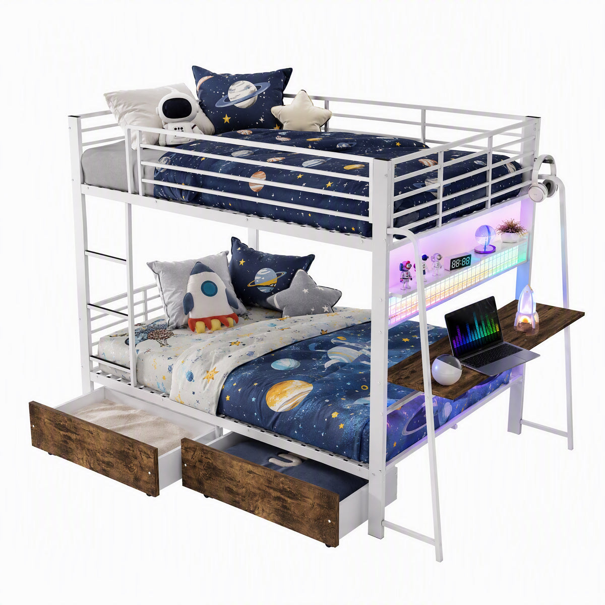 Loft Bed 140x200 cm with Desk, 2 Drawers & LED, White Metal