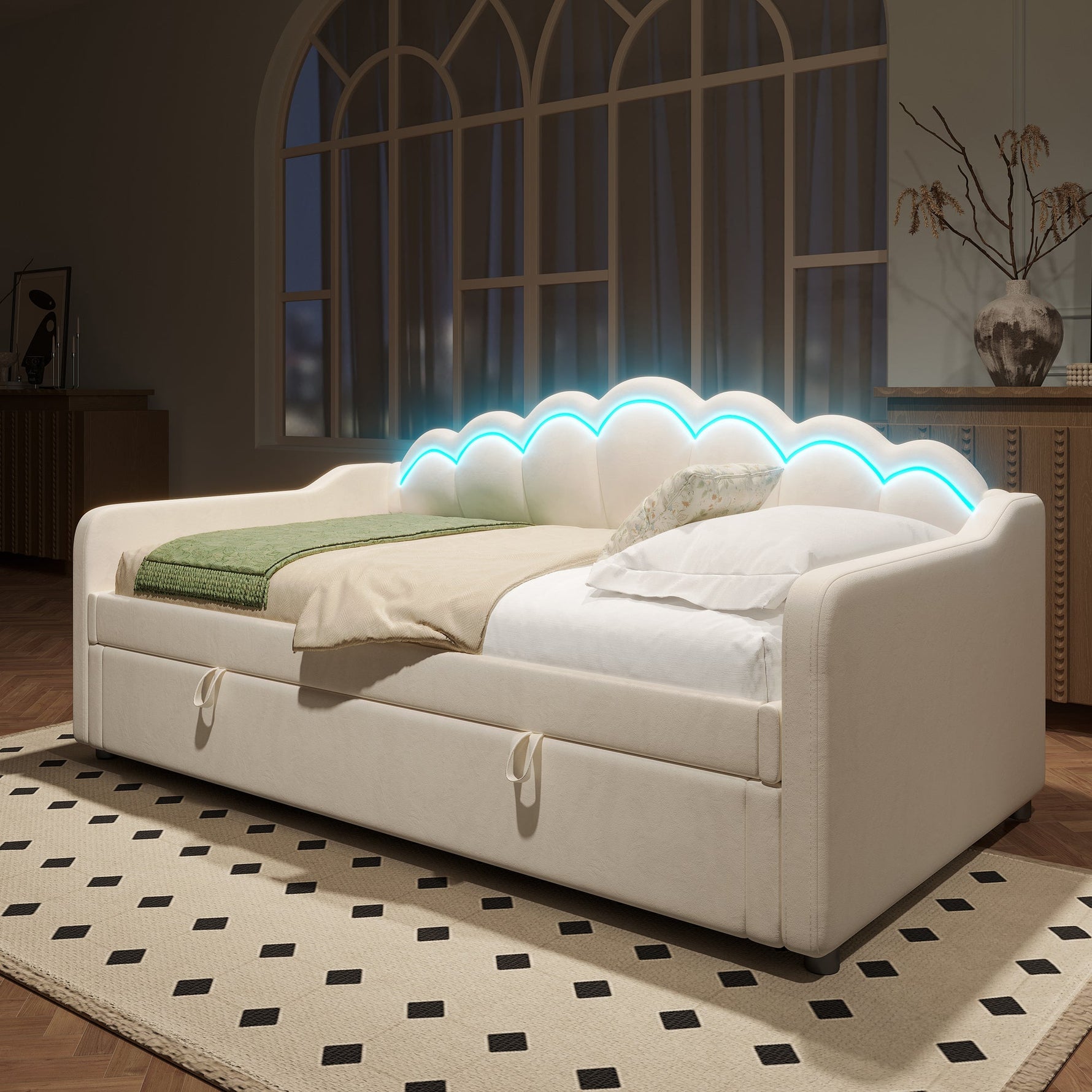 Daybed Sofa Bed 90x200cm Hydraulic Storage LED - Velvet Beige