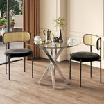 Round Dining Table, Tempered Glass Top, Galvanized Legs, Silver