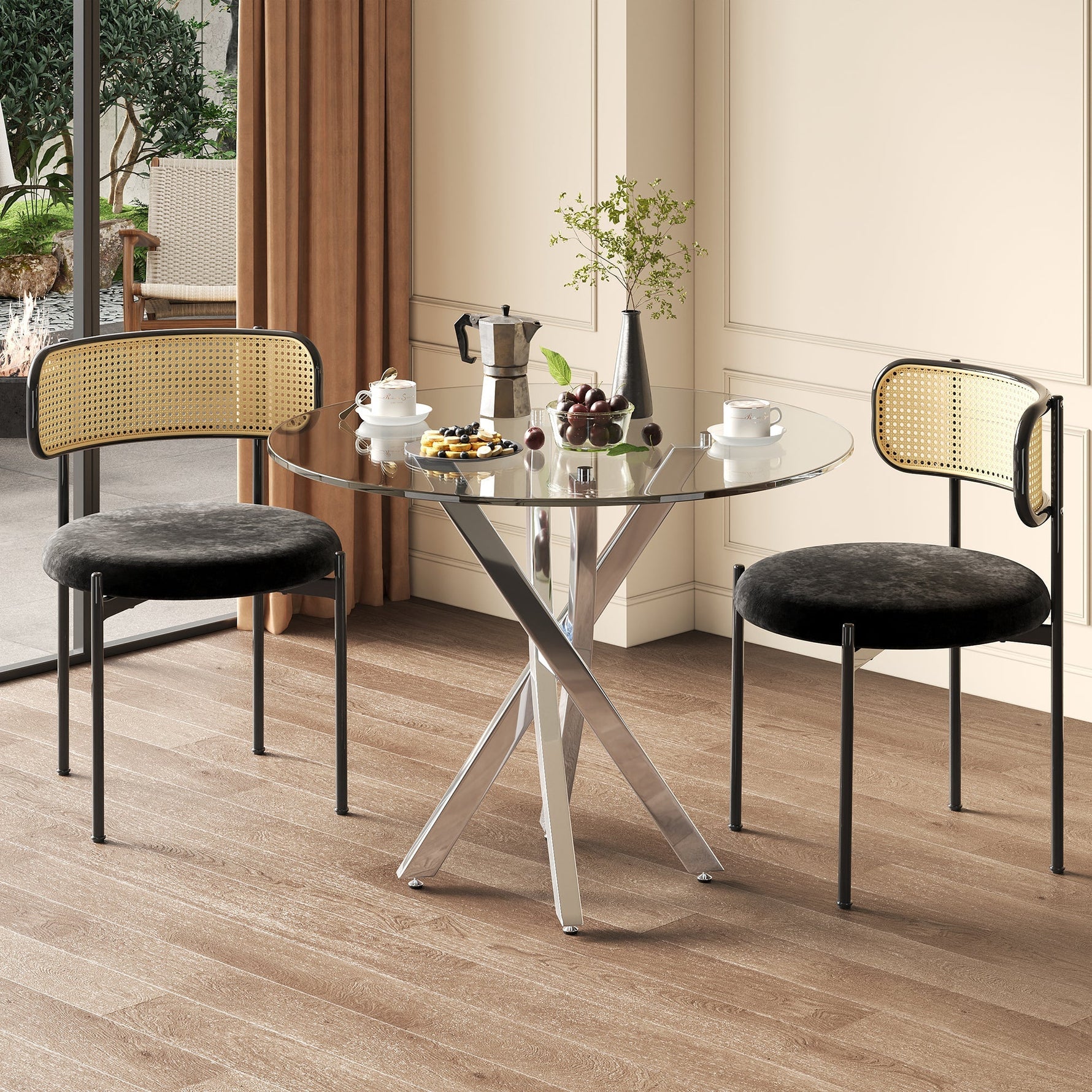 Round Dining Table, Tempered Glass Top, Galvanized Legs, Silver