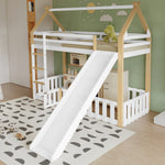 Bunk Bed with Slide & Ladder, Roof Shape, Pine + MDF + Plywood, White + Natural