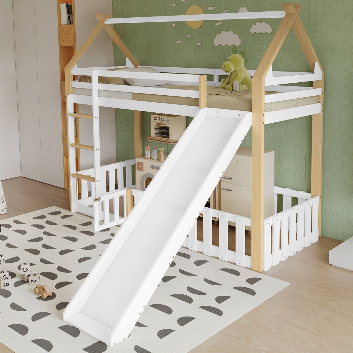 Bunk Bed with Slide & Ladder, Roof Shape, Pine + MDF + Plywood, White + Natural