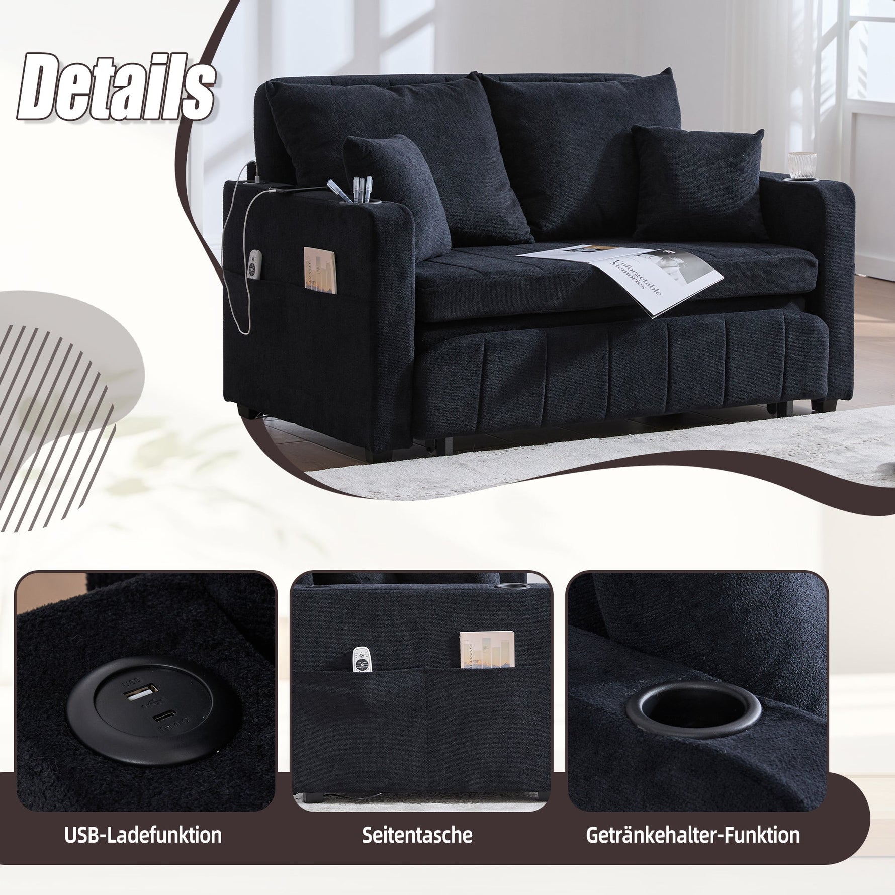 Multifunctional Sofa Bed, Foldable Pull-Out, USB Charging, Cup Holder, Fabric