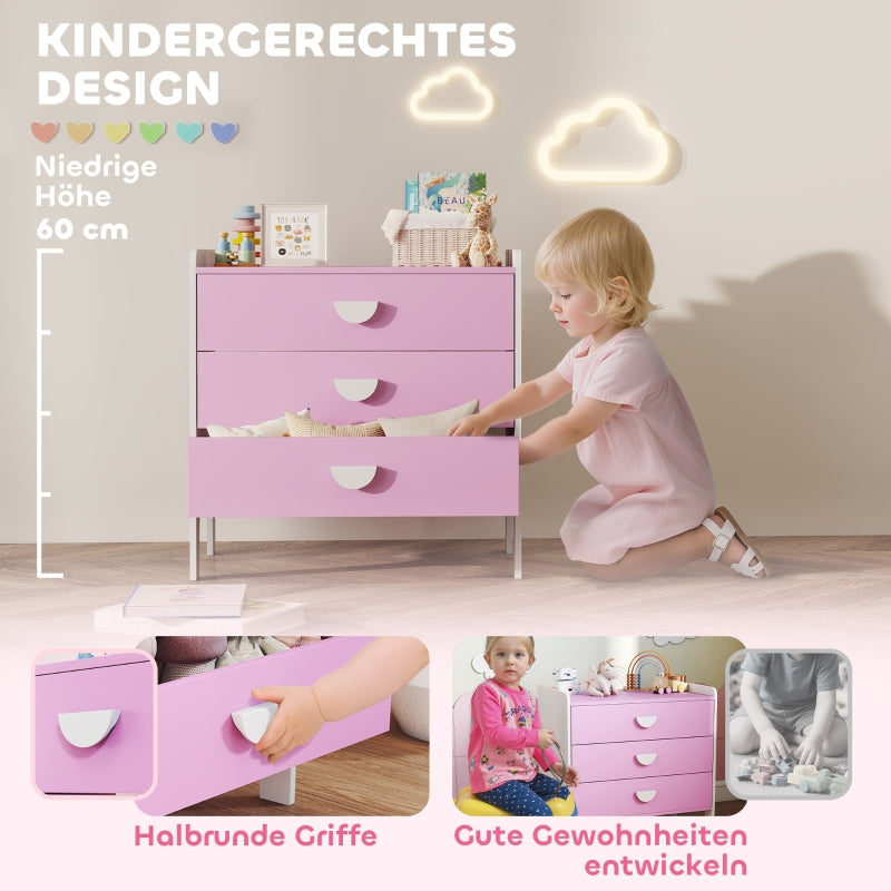 Children's Chest of Drawers, 3-Drawer Storage Cabinet, Pink+White MDF