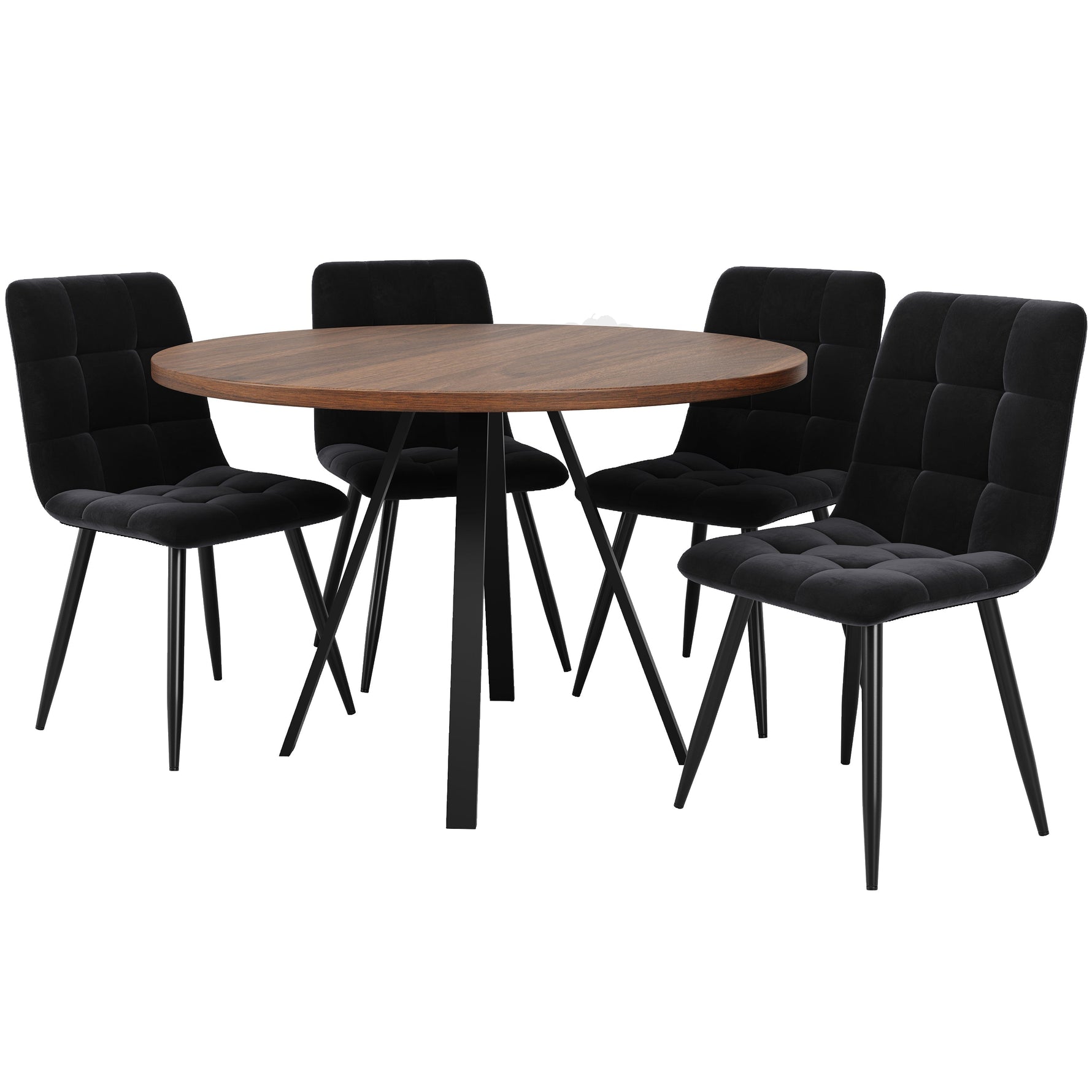 Dining Set 5-Piece Round Table 80cm 4 Chairs Velvet - Walnut/Black
