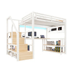 Loft Bed 140x200cm with Desk, Storage & LED, White Iron Frame