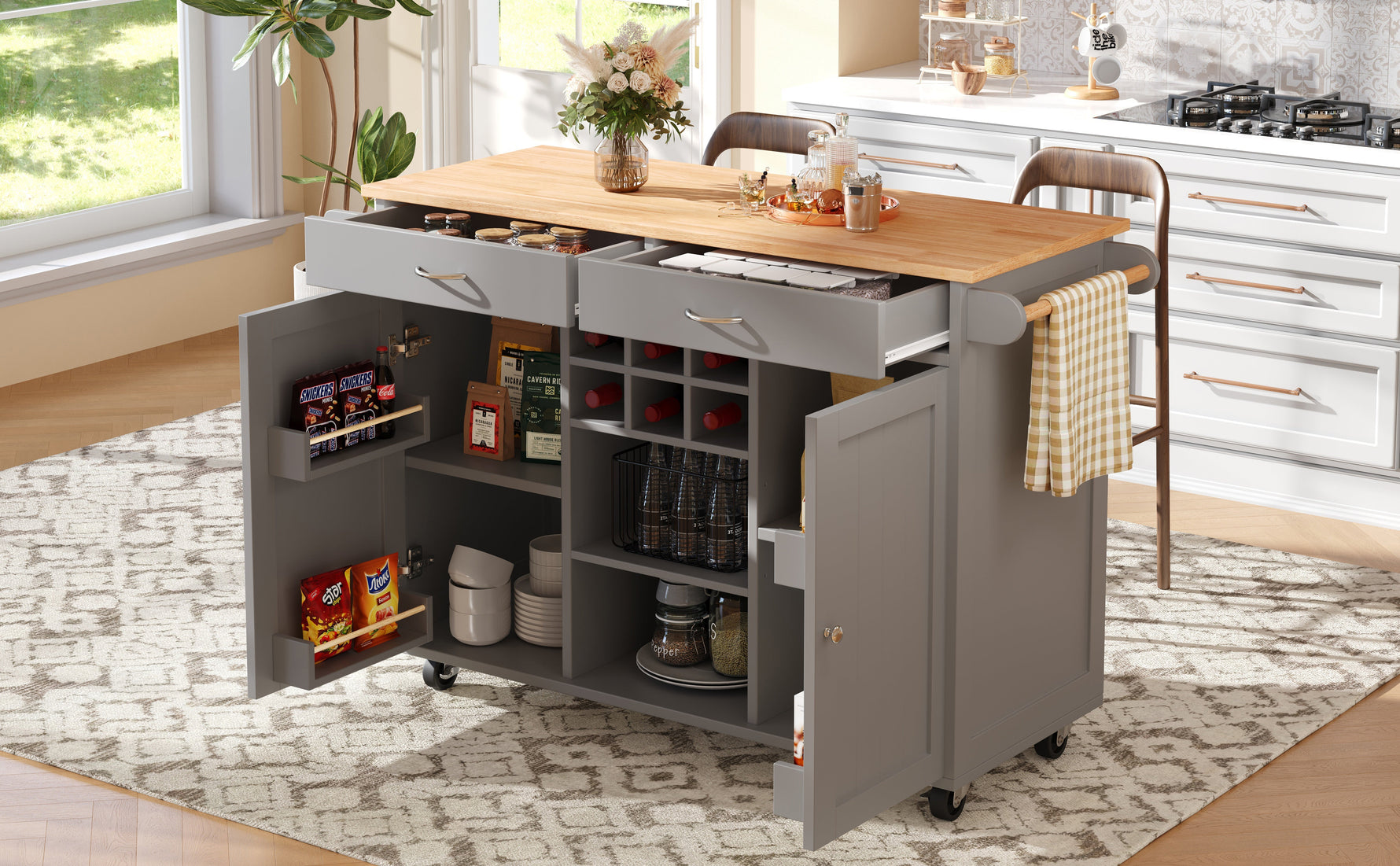 Kitchen Island Multifunctional Dining Table Storage Wood Grain - Grey