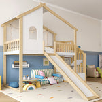 Loft Bed with Storage Ladder, Slide and Window, Natural and White