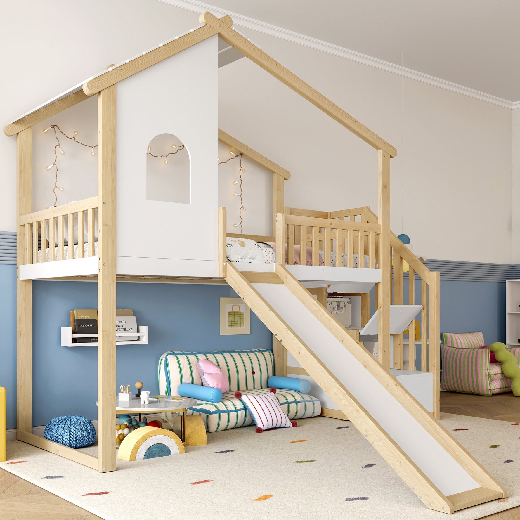 Loft Bed with Storage Ladder, Slide and Window, Natural and White