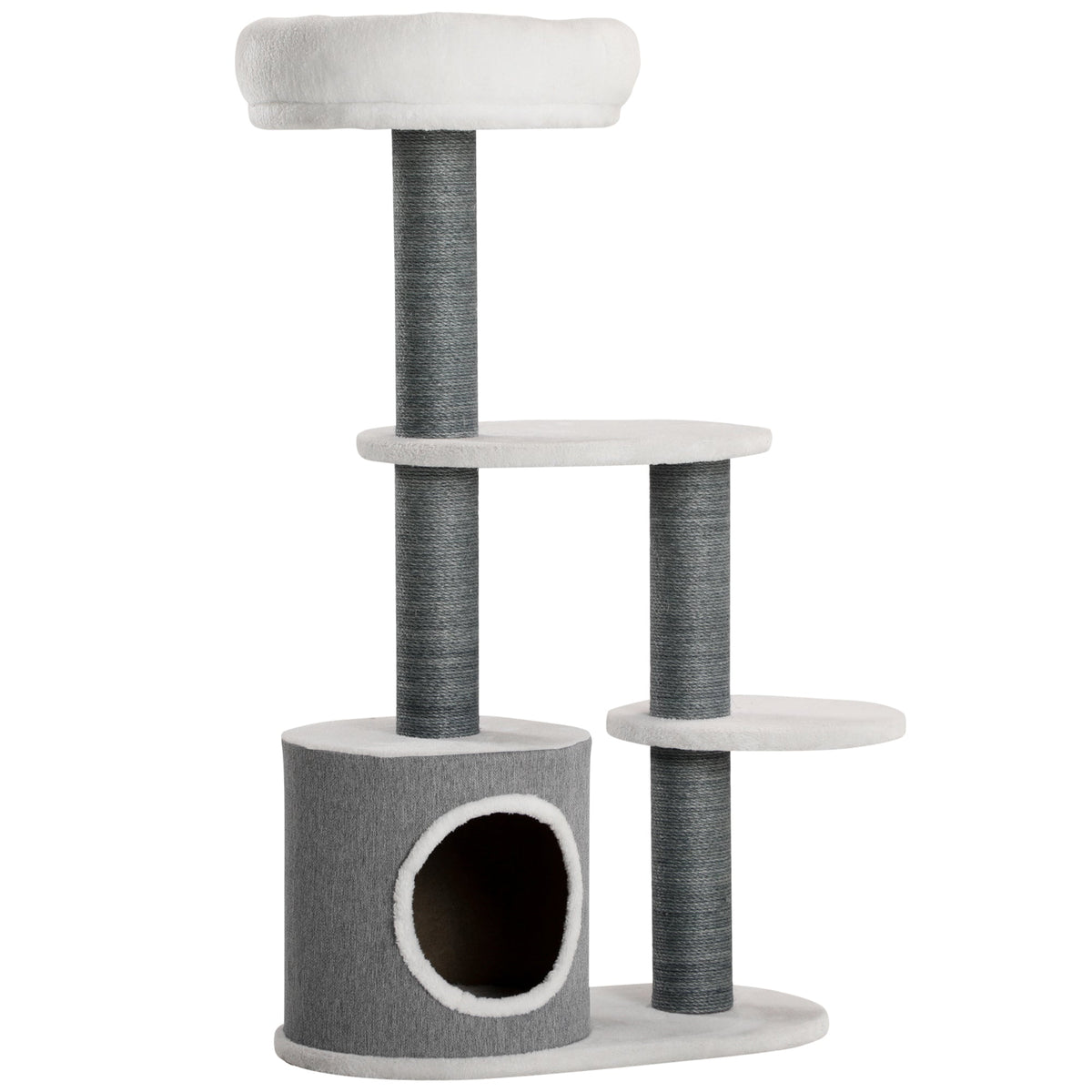 Cat Tree 98cm, Scratching Board, Cave, 3 Platforms, Grey and White