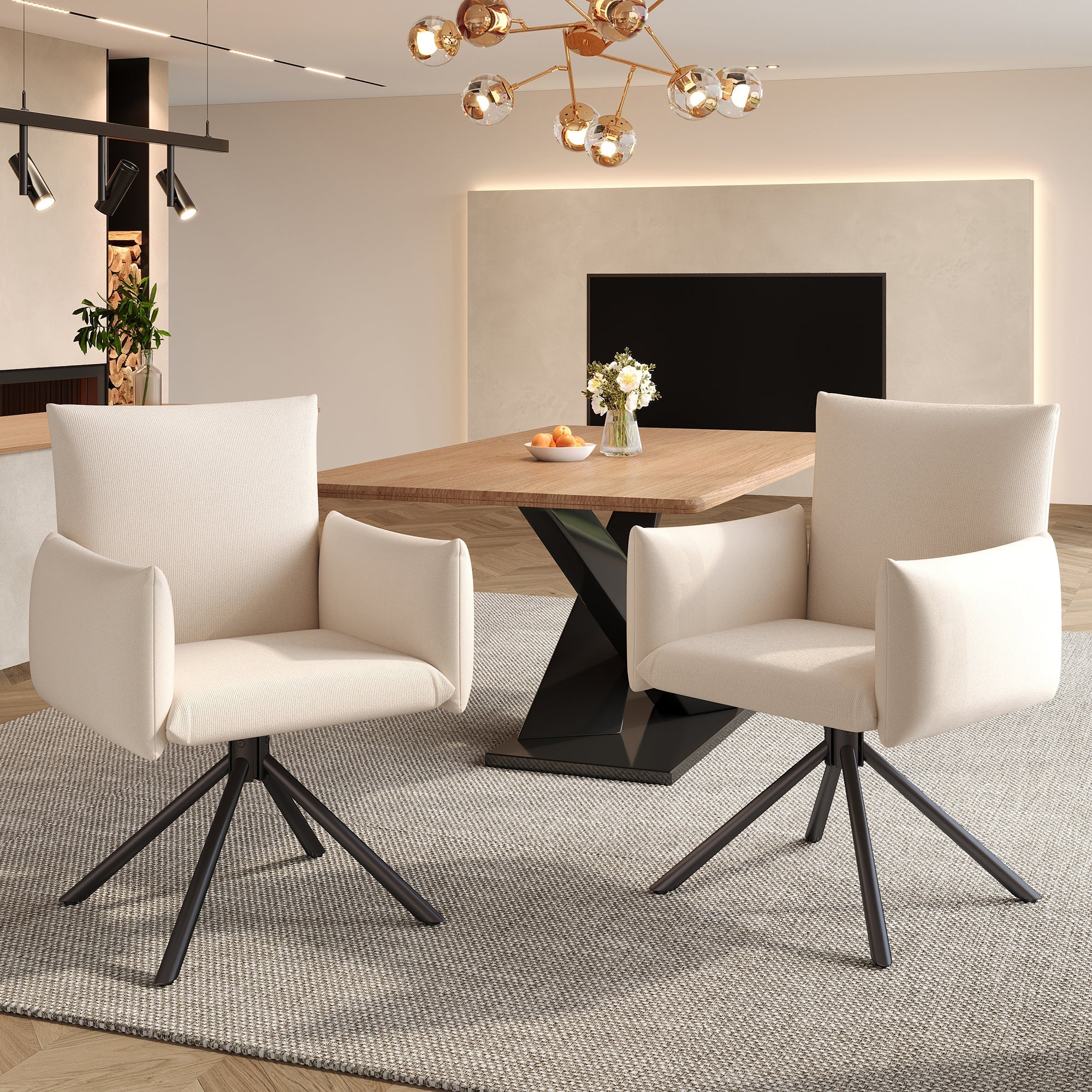 Dining Chair Set of 2 Upholstered 360° Swivel Lumbar Support - Linen Beige