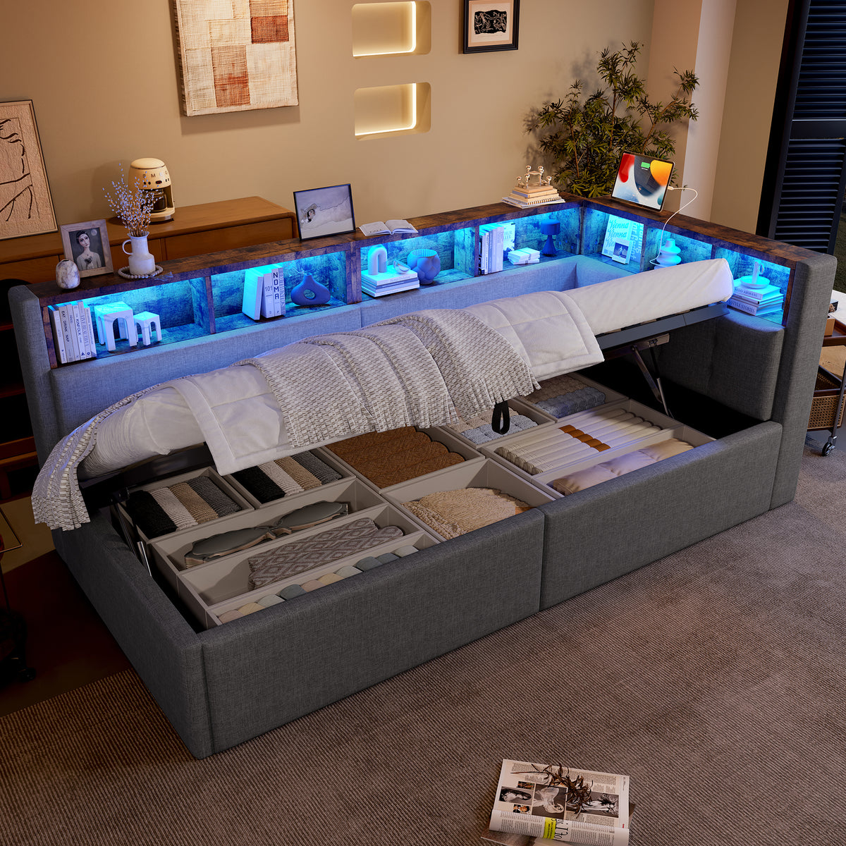 Daybed Sofa Bed 90x200cm with Storage & LED, Grey Linen