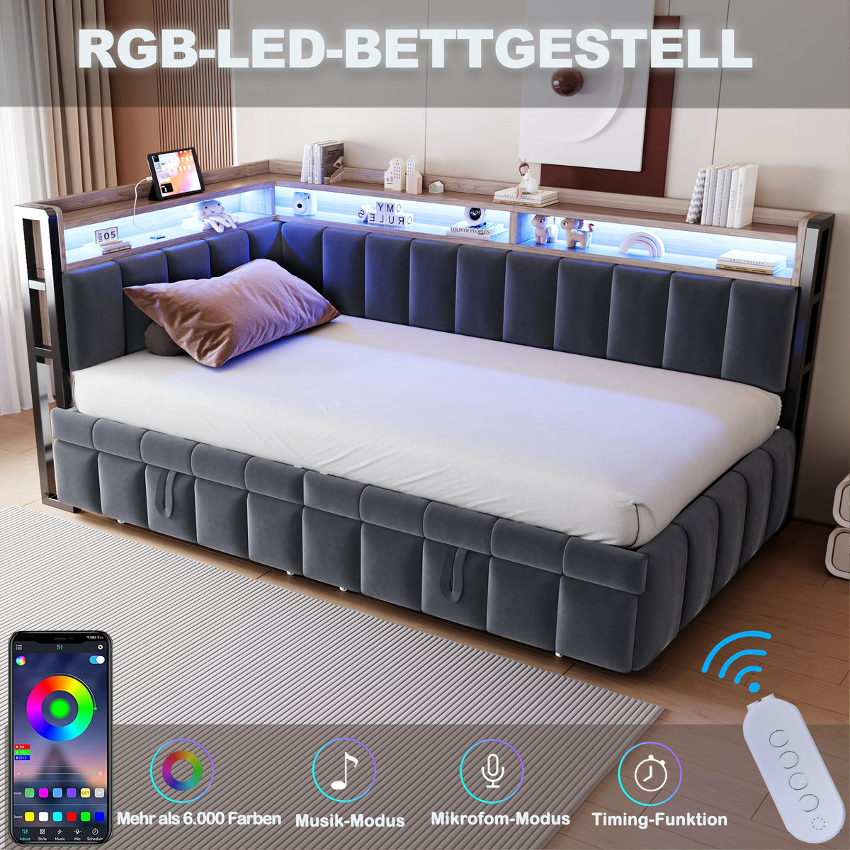 Upholstered Sofa Bed 90x200cm with Trundle & LED, Dark Grey Velvet