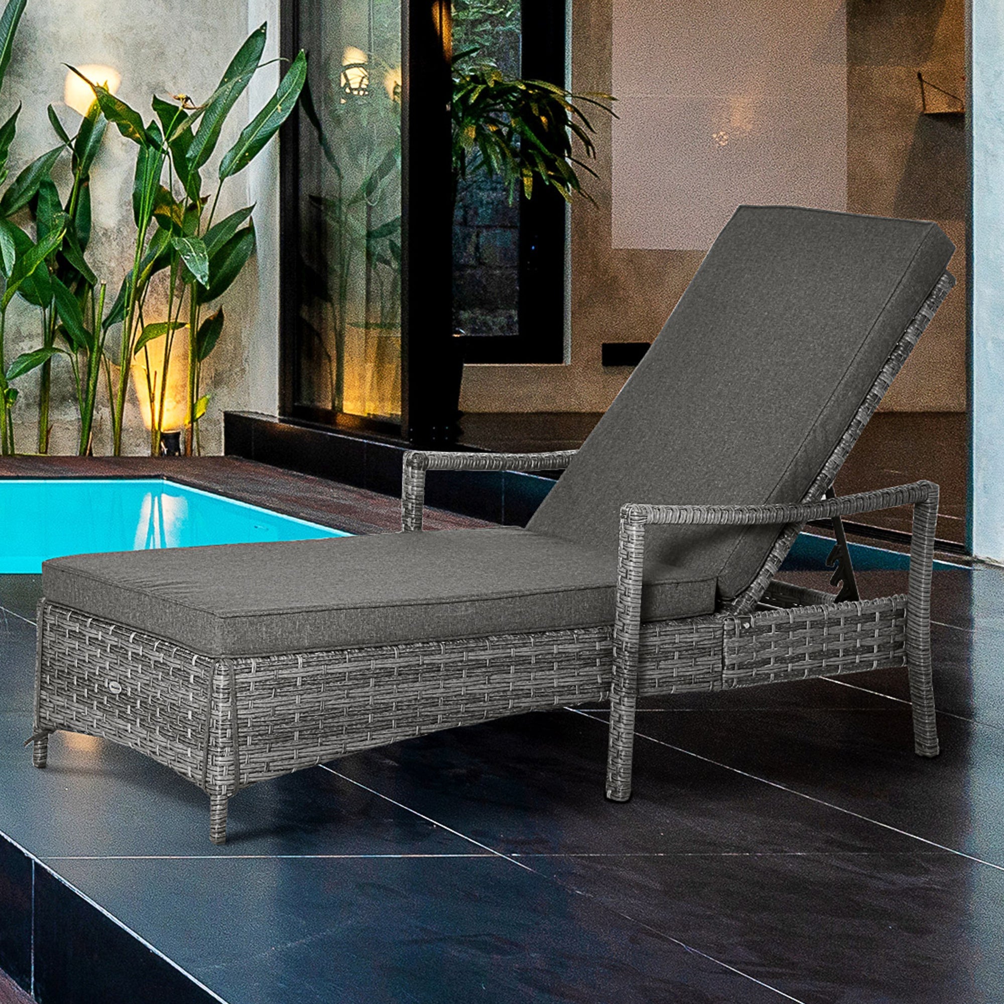 Sun Lounger, Adjustable Cushion, Rattan Grey
