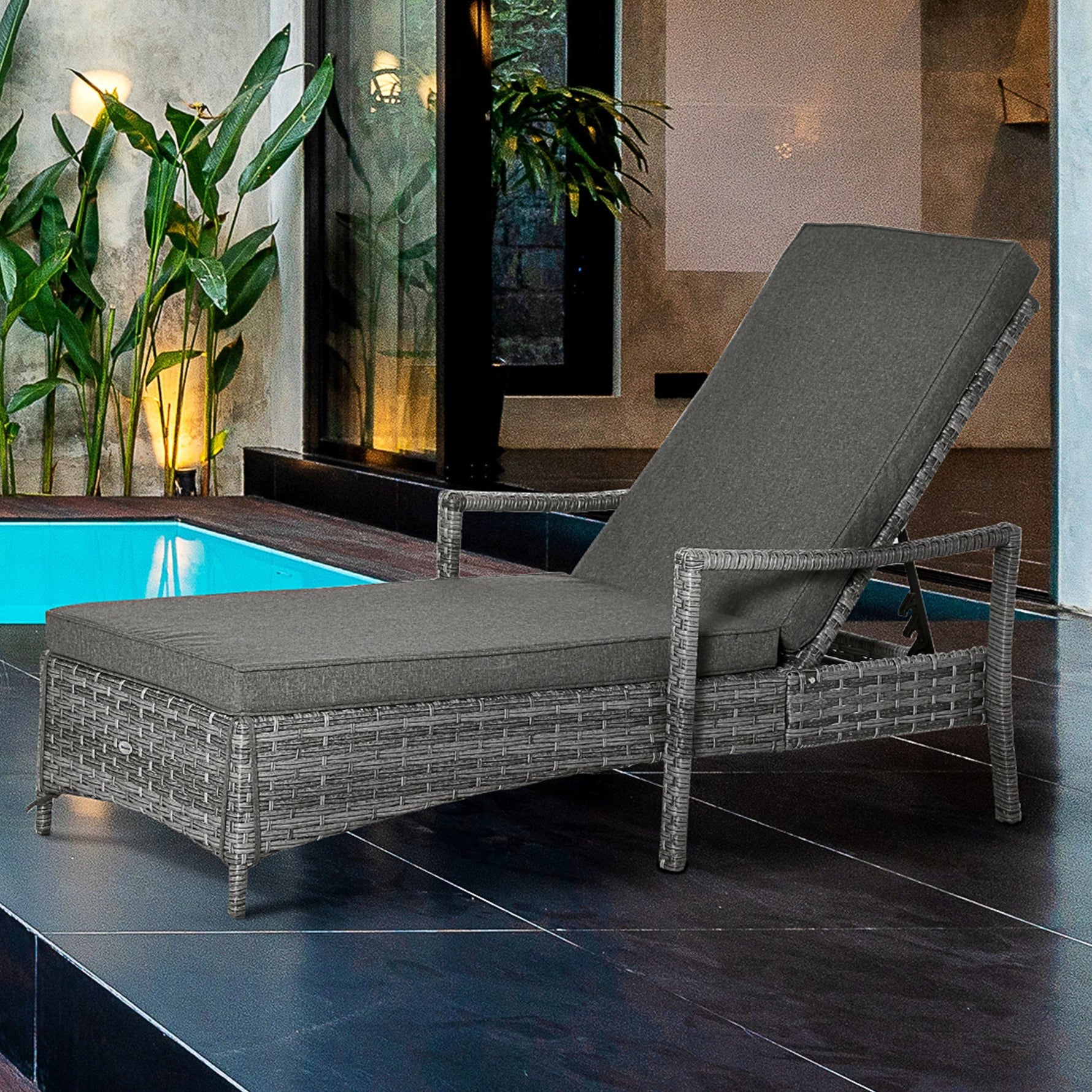 Sun Lounger, Adjustable Cushion, Rattan Grey