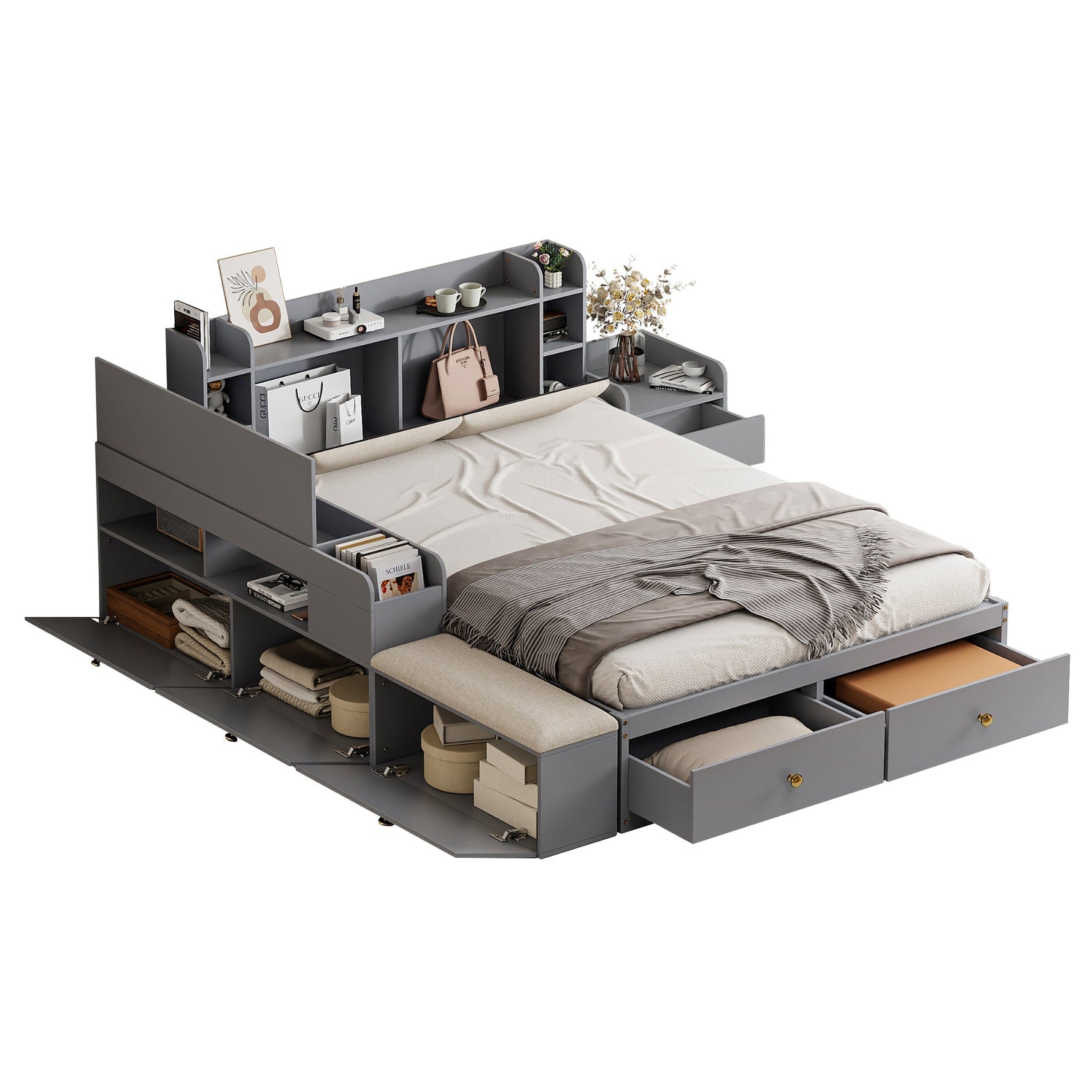 Solid Wood Combo Bed, 140x200cm with Storage & Sofa Bench, Gray