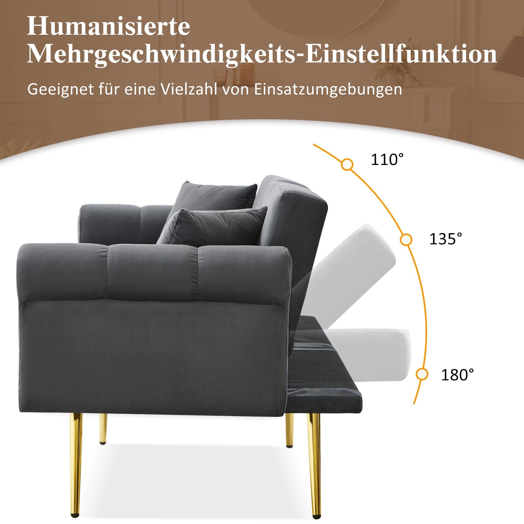 Sofa Bed, Modern 2-Seater with 3-Level Adjustable Backrest, Velvet