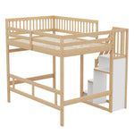 Solid Wood Bed, 140x200 with Storage Stairs & High Railing, Wood Color