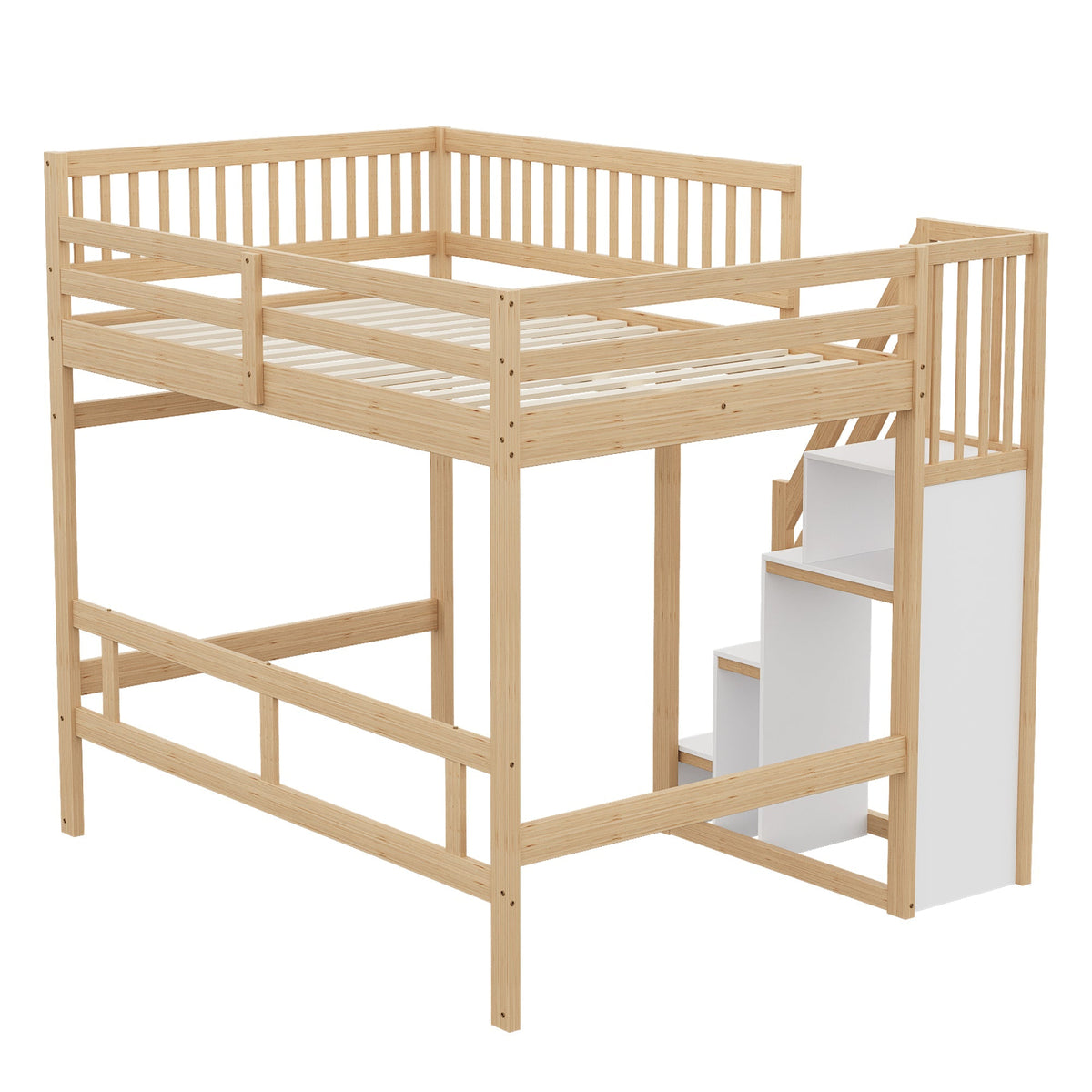 Solid Wood Bed, 140x200 with Storage Stairs & High Railing, Wood Color