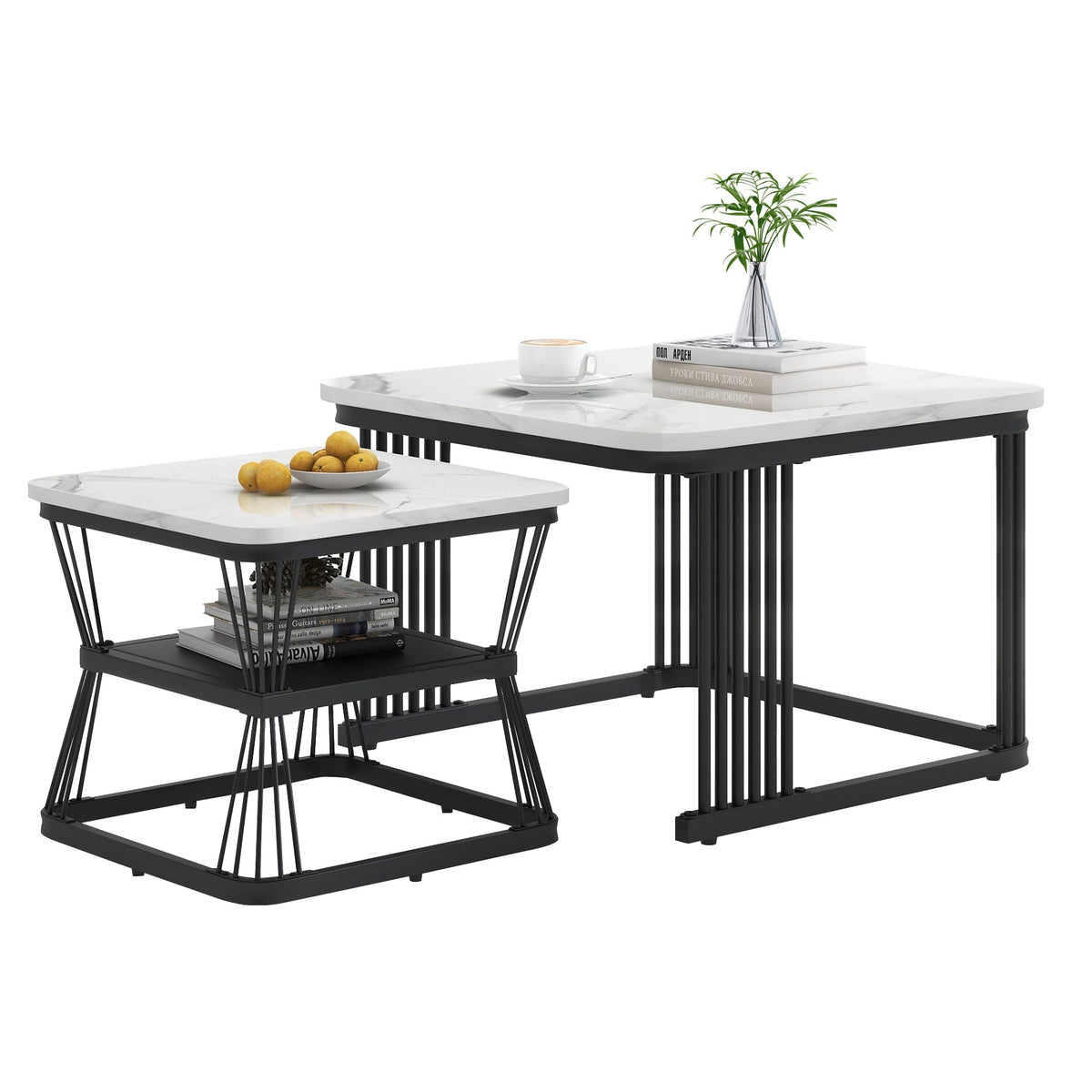 Set of 2 Modern Side Tables Marble Look Steel Frame - White/Black