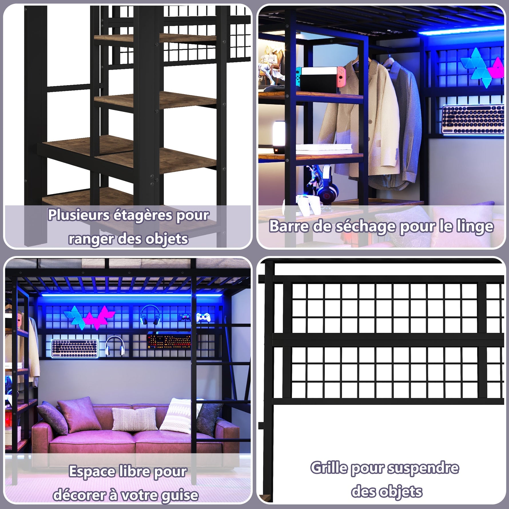 Loft Bed with Storage Shelves, Clothes Rail and LED Light Strip, Black Metal