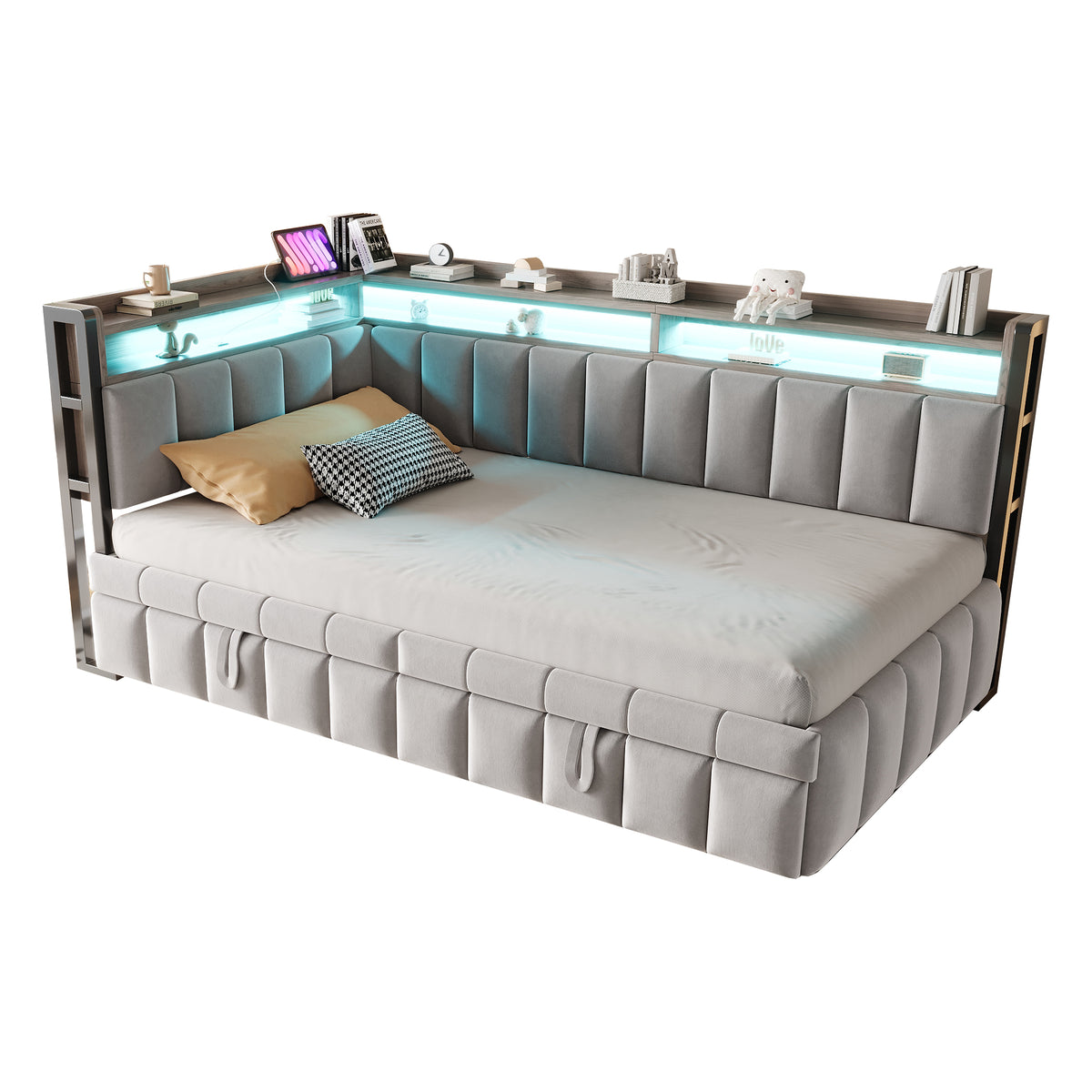 Upholstered Sofa Bed 90x200cm, Pull-Out Bed & LED, Light Grey Velvet
