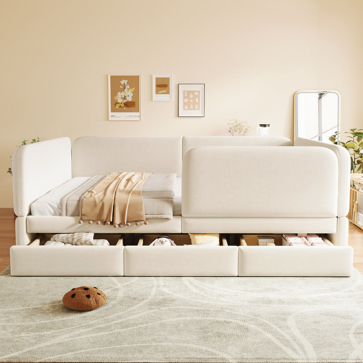 Upholstered Children's Bed 140x200cm with Drawer, Beige Velvet