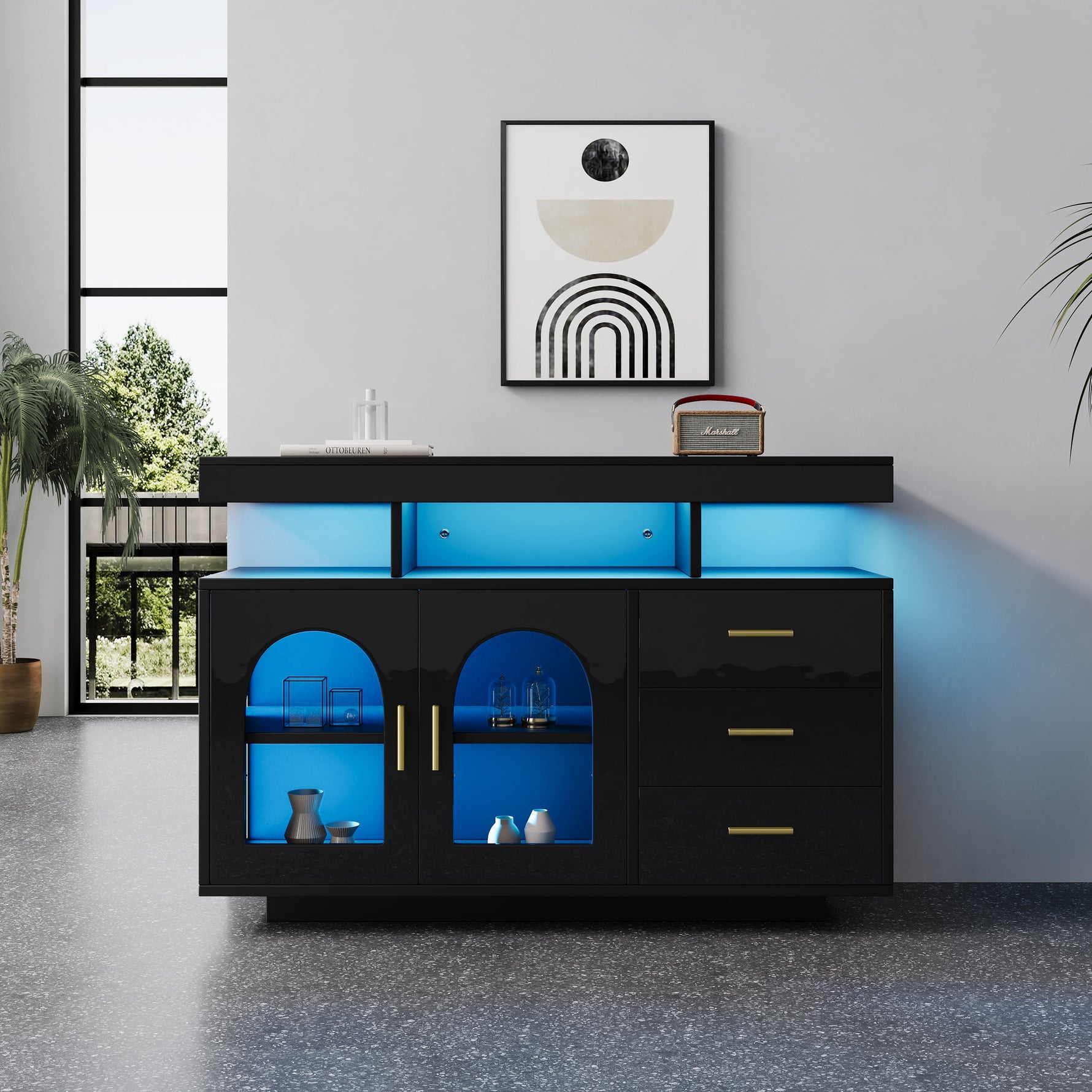 LED Sideboard Buffet Cabinet with 16-Color Lights and 3 Drawers, Black