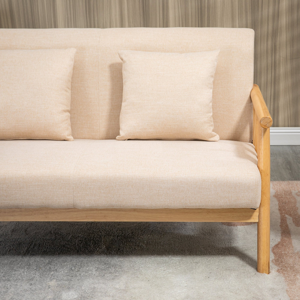 2-Seater Sofa - Upholstered Lumbar Cushions Wooden Frame Small Spaces - Linen Look Beige